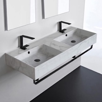 Bathroom Sink Marble Design Ceramic Wall Mounted Double Sink With Matte Black Towel Holder Scarabeo 5143-F-TB-BLK